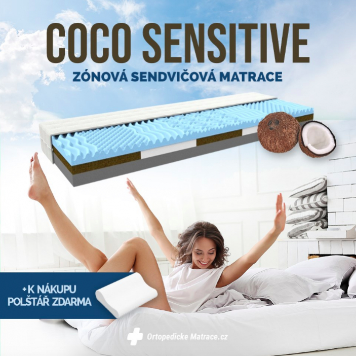 Zónová sendvičová matrace COCO SENSITIVE. Dokonale provzdušněná matrace s kombinací kokosových vláken a pružné HR pěny zaručuje ideální spojení pro zdravý spánek a regeneraci. 