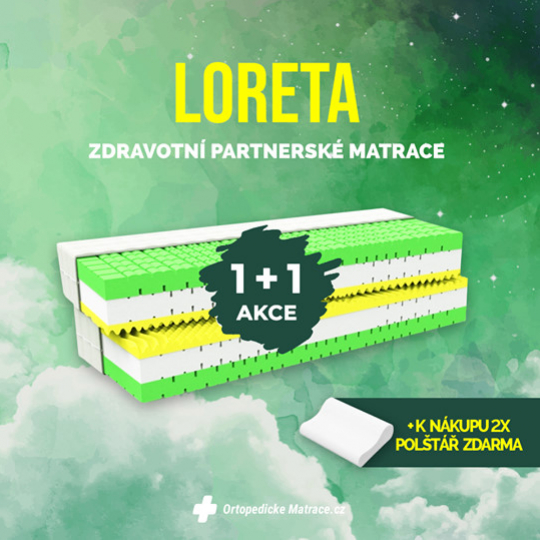 Partnerská zdravotní matrace LORETA s výjimečnou konstrukcí - složená až ze tří typů moderních pěn s rozdílnými vlastnostmi. Každá strana matrace má díky rozdílným materiálům jinou tuhost, můžete ji měnit podle nálady nebo aktuálního zdravotního stavu. AKCE 1+1