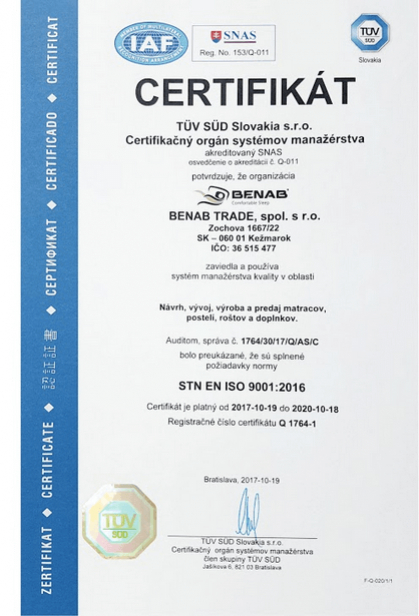 Certifikovaná kvalita výroby zdravotních matrací