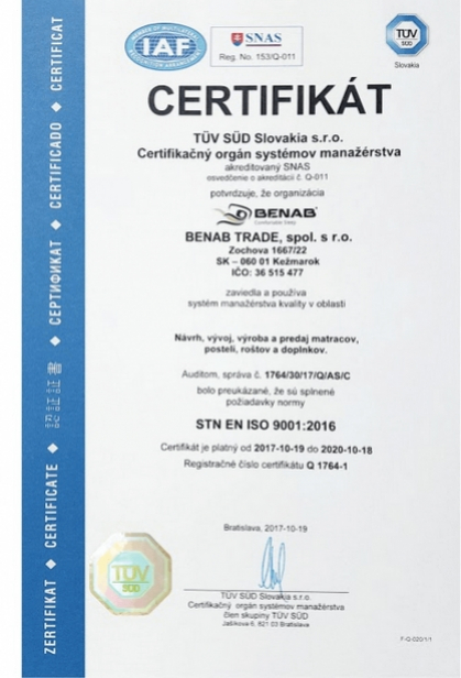 Certifikovaná kvalita výroby zdravotních matrací.