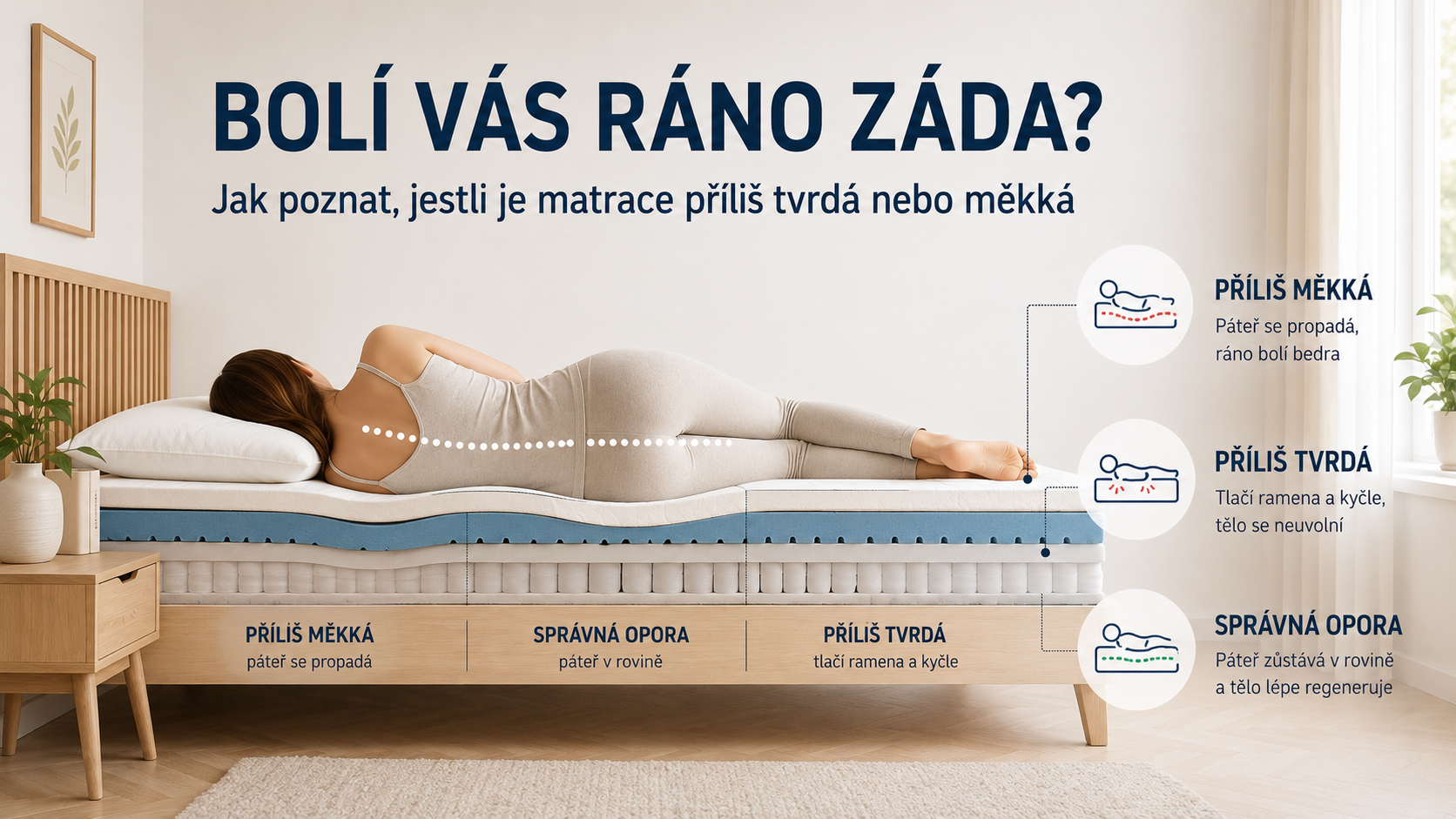 Jak poznat příliš tvrdou nebo měkkou matraci při ranní bolesti zad